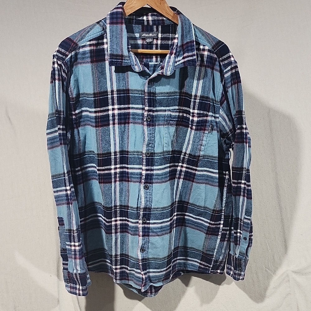 Eddie Bauer Mens Ocean Blue Plaid Flannel Long Sleeve Button Shirt‎ XXL